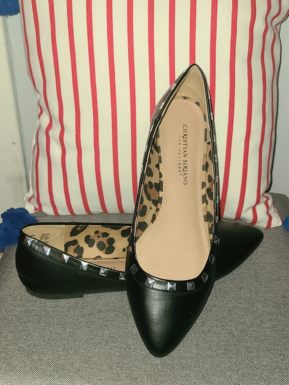 Christian Siriano Black Pointed Stud-Trim Leopard Lined Flats